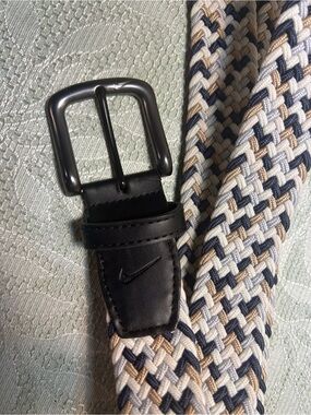 Nike Braided Elastic Belt in Navy, Tan & White with Black Leather Tab
